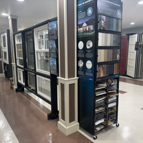 C.C. Allis & Sons display room door, window and flooring samples.