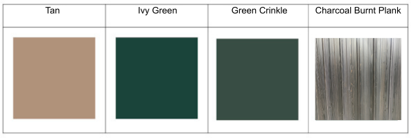 Color swatches labeled Tan, Ivy Green, Green Crinkle, and Charcoal Burnt Plank.