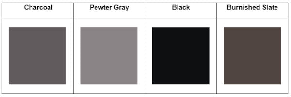Charcoal color swatch, pewter gray color swatch, black color swatch, burnished slate color swatch