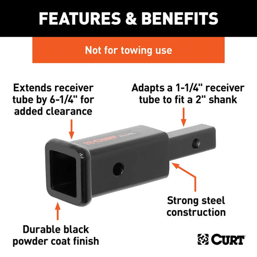 Curt Receiver Tube Adapter (1-1/4 to 2 Shank, Not for Towing Use, 6-1/4 Length) #45785